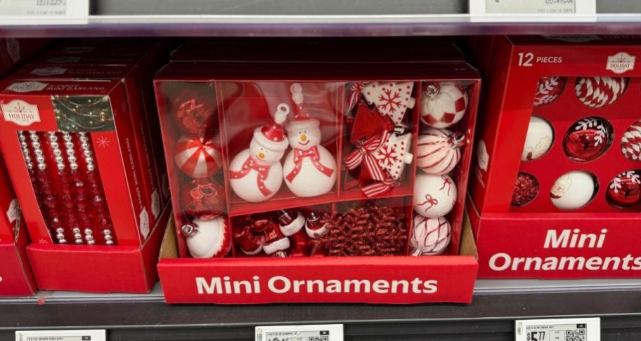 mini ornament sets on a store shelf
