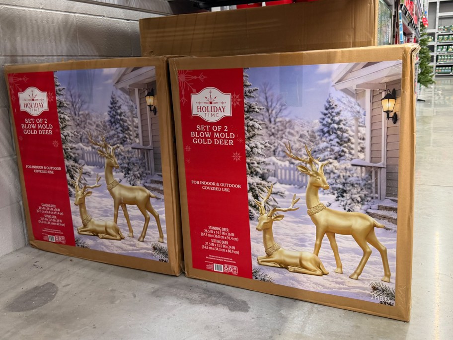 gold reindeer blow molds in box 