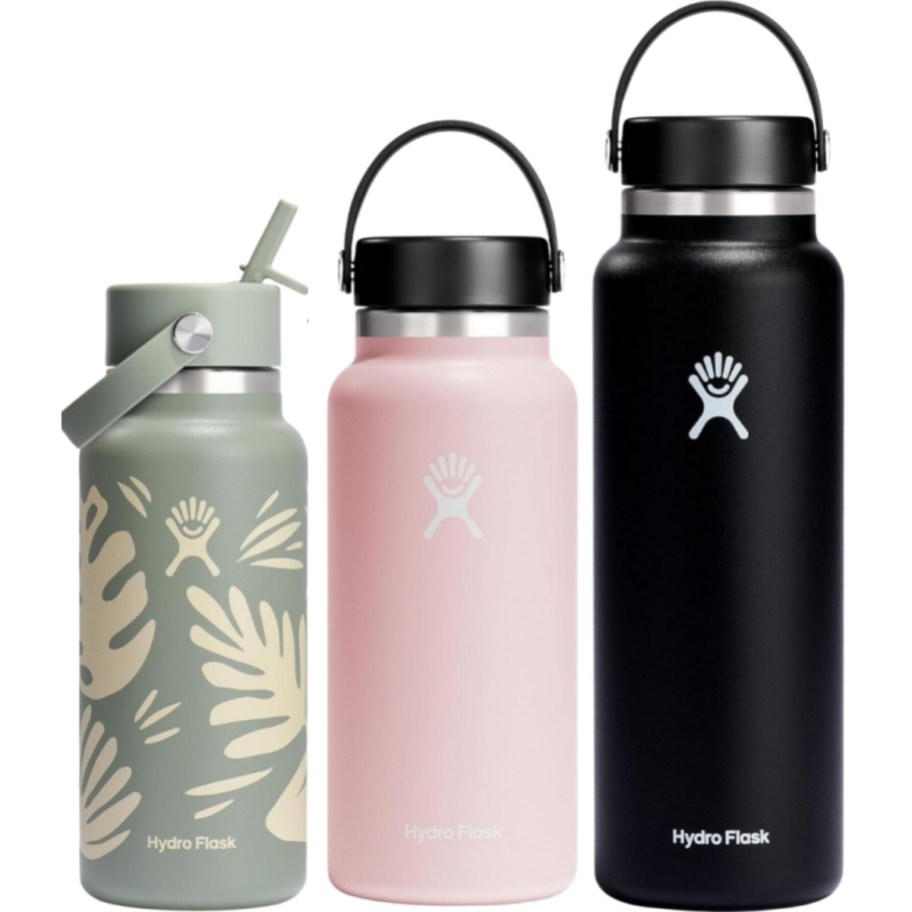 3 water bottles in different sizes and colors