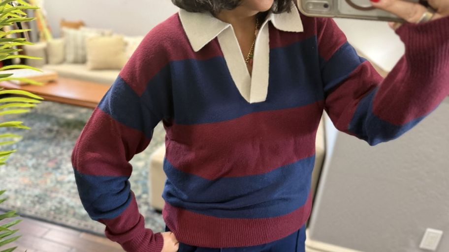 Woman wearing jcrew striped sweater