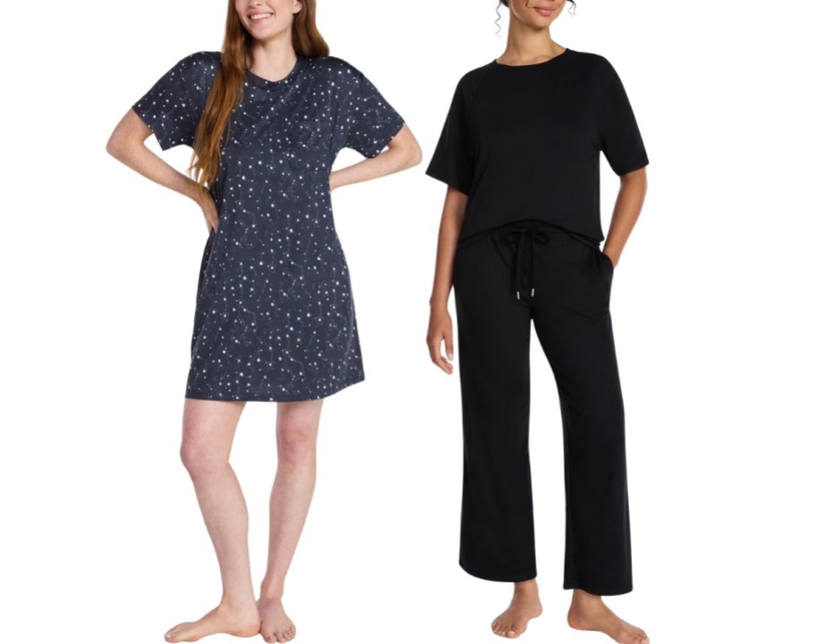 woman in a sleep tee and a woman in a sleep top and capri pants