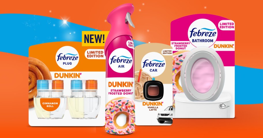 A collection of limited-edition Febreze and Dunkin' air freshener products, including Plug refills, an Air spray, a Car clip, and a Bathroom scent.