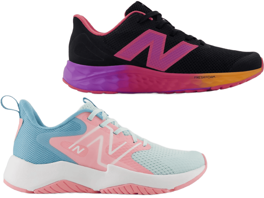 2 pink and black and blue kids sneakers