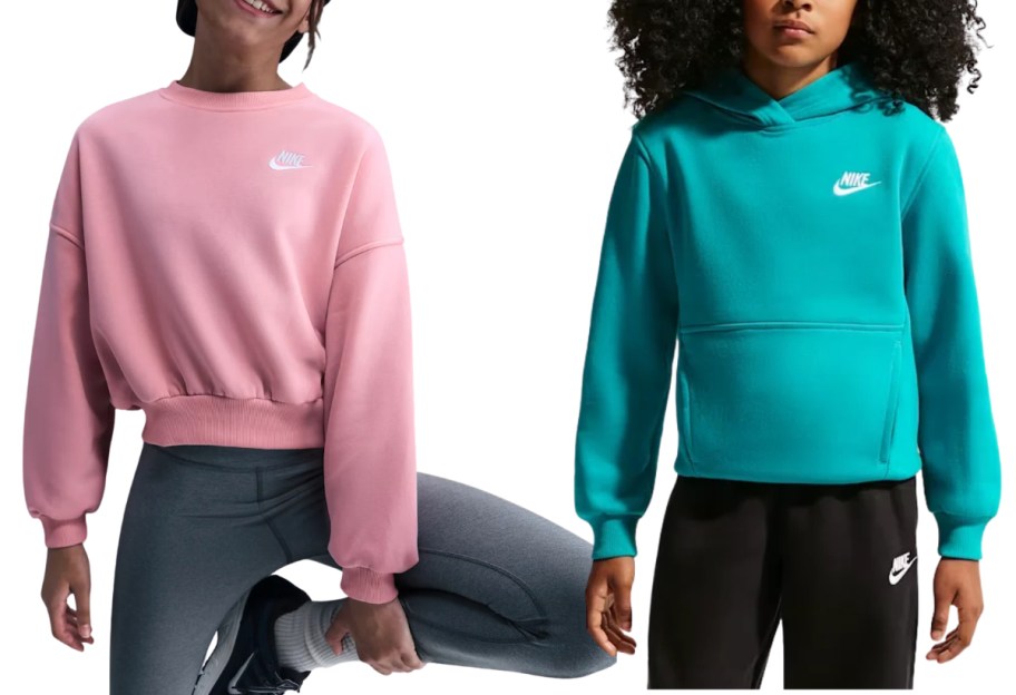 agirl in a cropped sweatshirt and a girl in a hooded sweatshirt