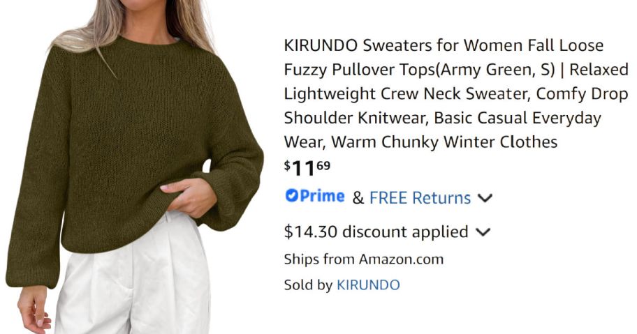 woman wearing green sweater next to Amazon pricing information