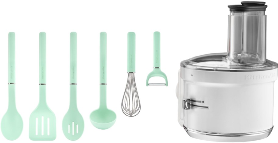 KitchenAid kitchen tools including a set of light green utensils like a spoon, slotted turner, slotted spoon, ladle, whisk, and peeler, alongside a white food processor attachment.