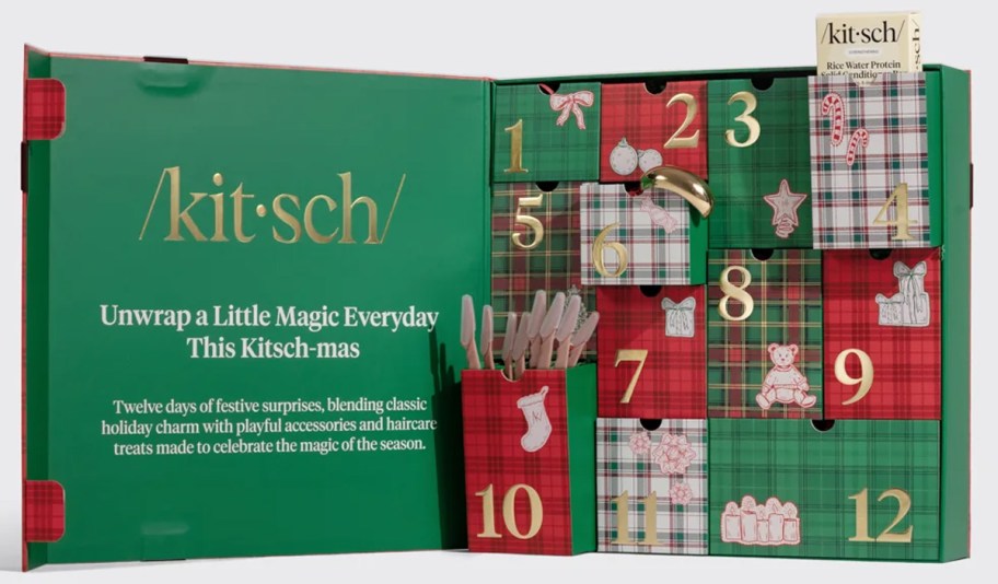kitsch advent calendar with items coming out of boxes 