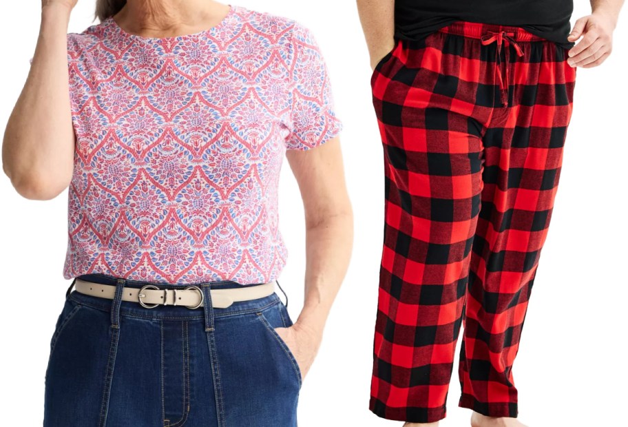 Two styles of apparel featuring a pink patterned short-sleeve t-shirt with denim pants and a belt alongside red and black buffalo plaid pajama pants.