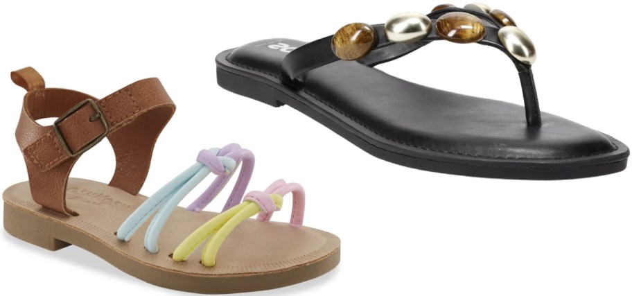Two styles of footwear featuring a brown ankle-strap sandal with pastel knotted straps alongside a black thong sandal adorned with amber and metallic beads.