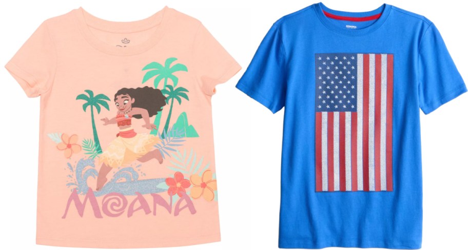 Two styles of children's t-shirts featuring a peach-colored Moana graphic tee alongside a bright blue graphic tee with an American flag print.