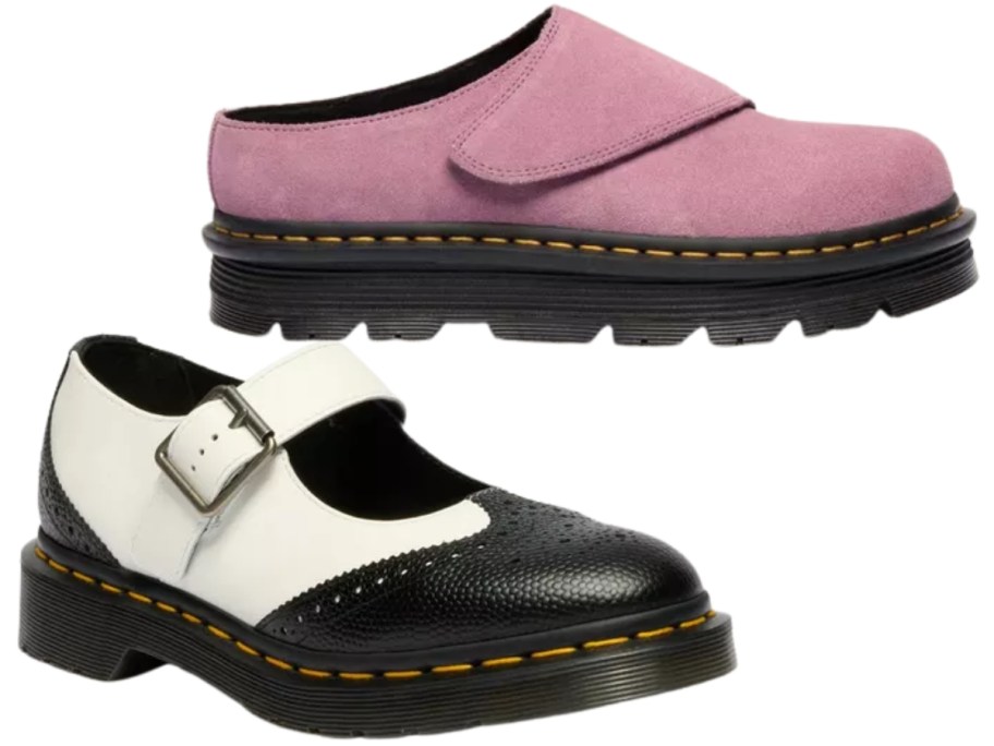a pink suede Dr. Martens clog and a black and white Dr. Martens mary jane shoe