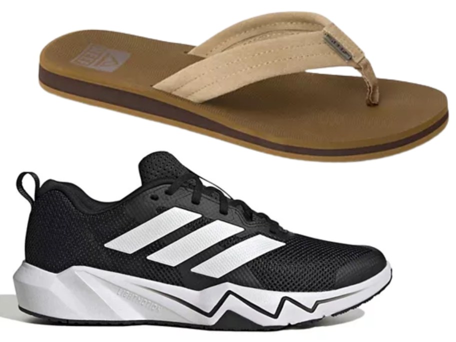 a men's Reef flip flop and a men's black and white adidas sneaker