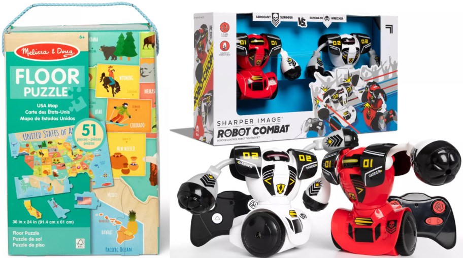 A Melissa & Doug US map floor puzzle box on the left, alongside a Sharper Image Robot Combat set featuring a white robot and a red robot with remote controls on the right.