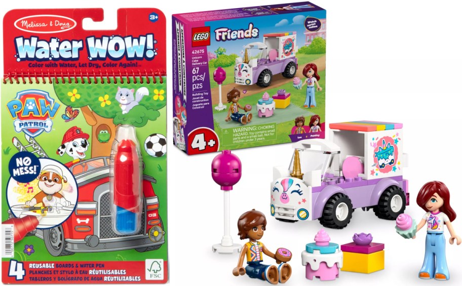 A Melissa & Doug PAW Patrol Water Wow activity book on the left, alongside a LEGO Friends Unicorn Cake Delivery Car set with two mini-dolls and buildable toy pieces on the right.