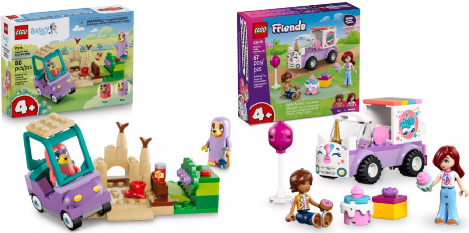 Two Lego building sets displayed side by side, featuring a Lego Bluey beach and vehicle set on the left and a Lego Friends unicorn delivery car set on the right.