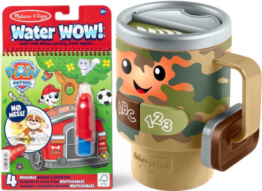 Two children's toys displayed side by side, featuring a Melissa & Doug Paw Patrol Water Wow coloring book on the left and a Fisher-Price camouflage toy mug with letter and number details on the right.