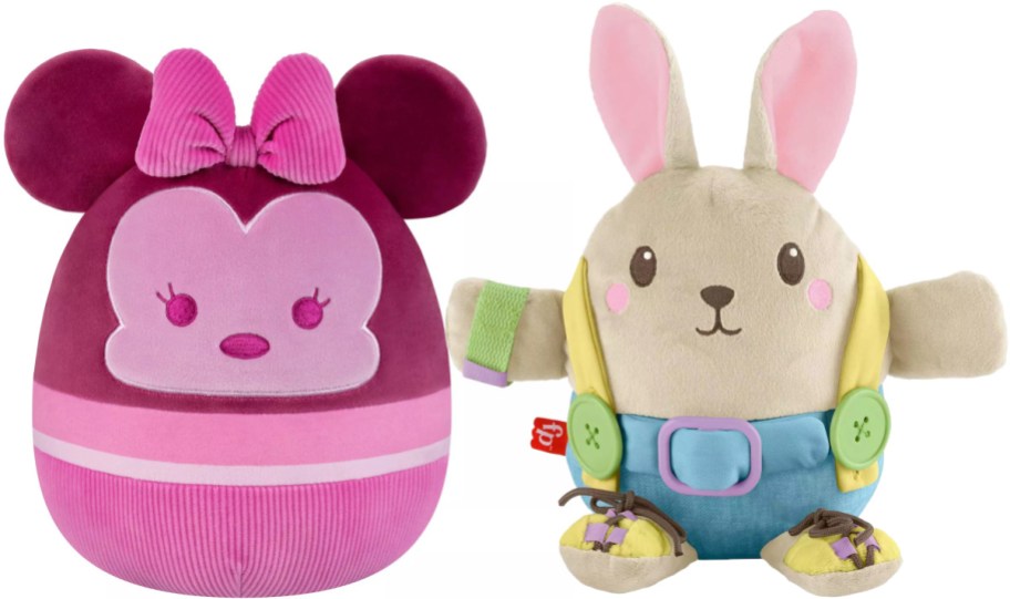 Two plush toys displayed side by side, featuring a pink and burgundy Minnie Mouse-themed plush on the left and a Fisher-Price bunny plush wearing overalls with button and strap details on the right.