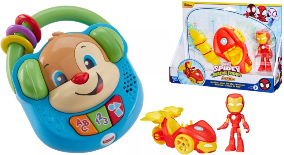 Two children's toys displayed side by side, featuring a Fisher-Price Laugh & Learn portable music player toy with a puppy face on the left and a Marvel Spidey and His Amazing Friends Iron Man action figure and vehicle set on the right.