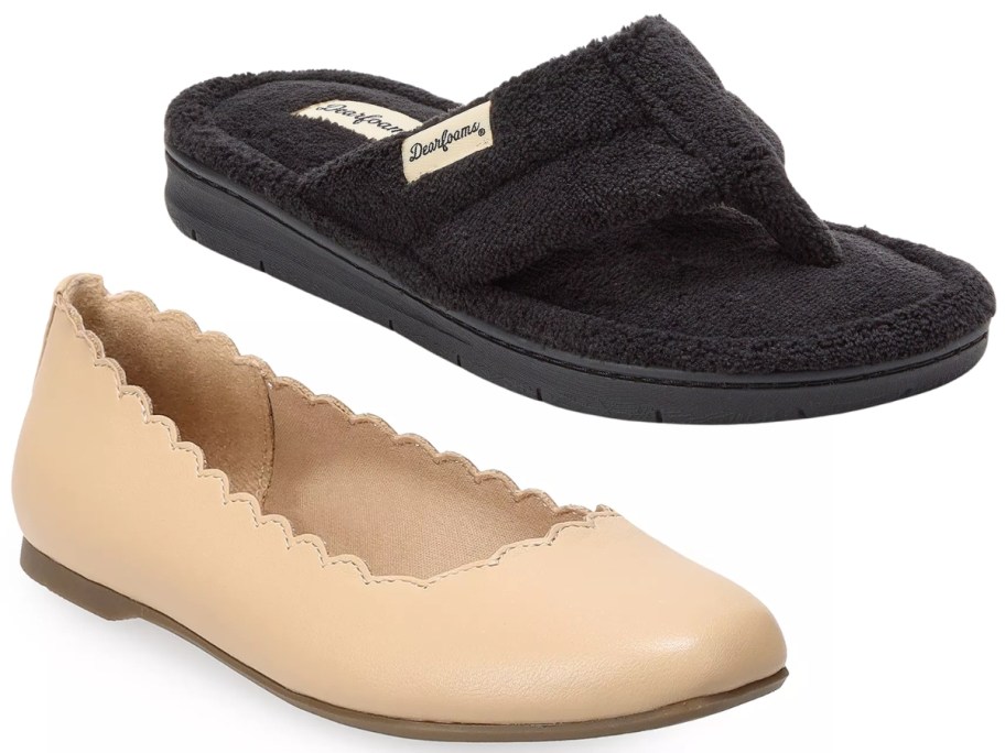 a women's flip flop and a women's ballet flat shoe