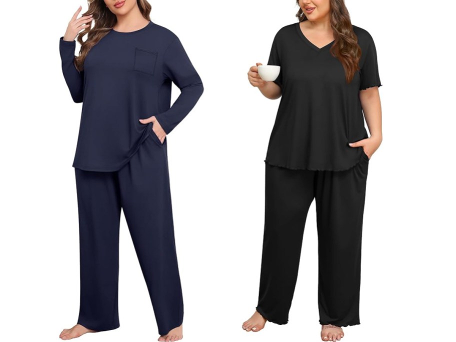 women wearing blue and black pajamas