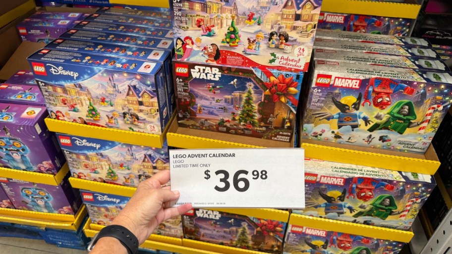 LEGO advent calendars on a store shelf