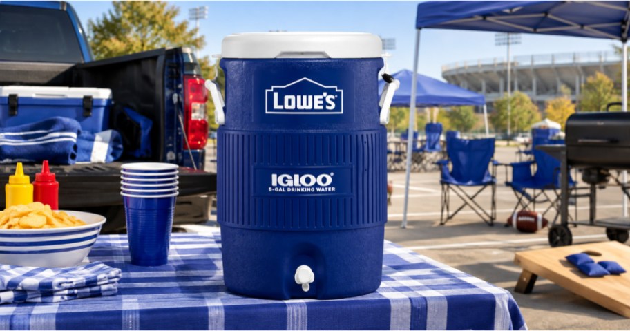 blue beverage container at a tailgate