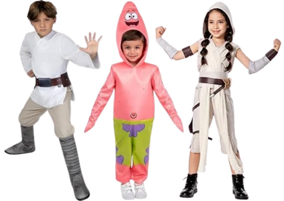 3 kids wearing halloween costumes as luke skywalker, patrick from spongebob, and rey costumes