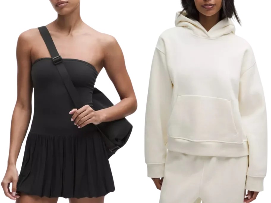 woman in a tube dress and woman in a hoodie