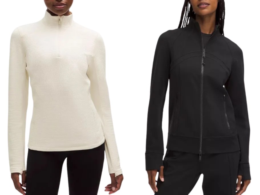 woman in a half zip top and one in a full-zip jacket