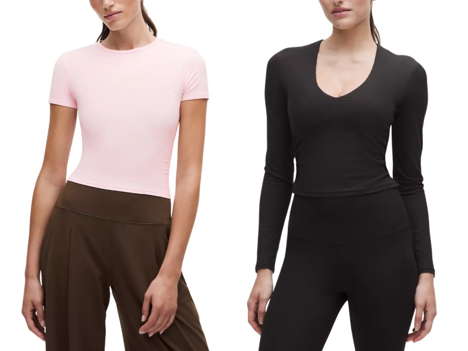 woman in short sleeve top and woman in v neck long sleeve top