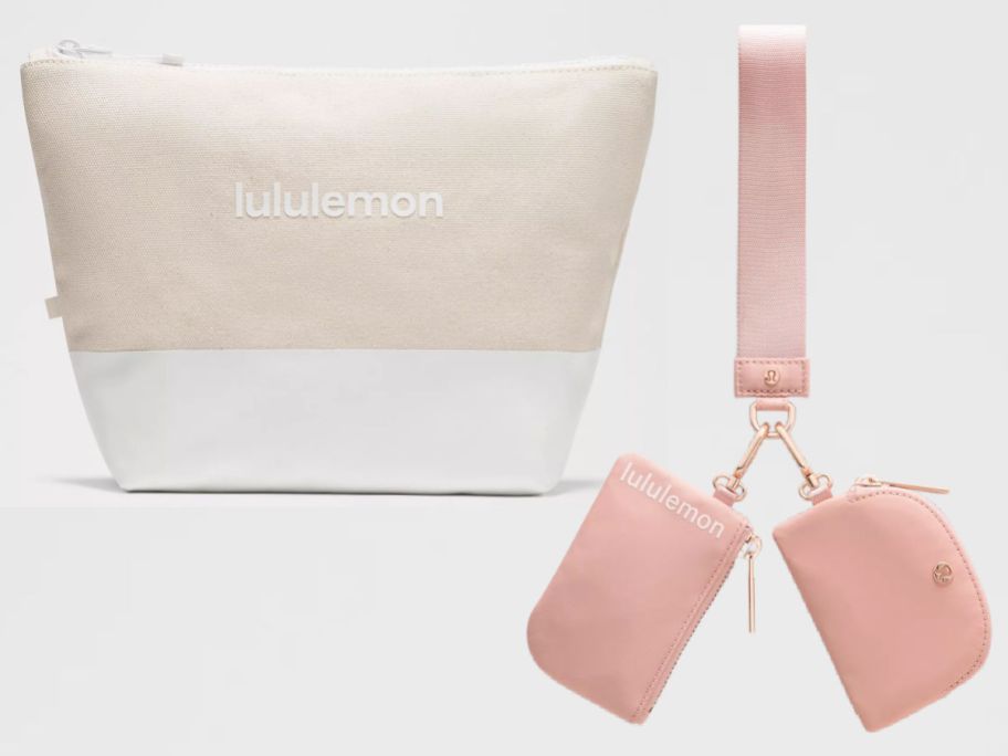 tan and pink lululemon bags on a gray background