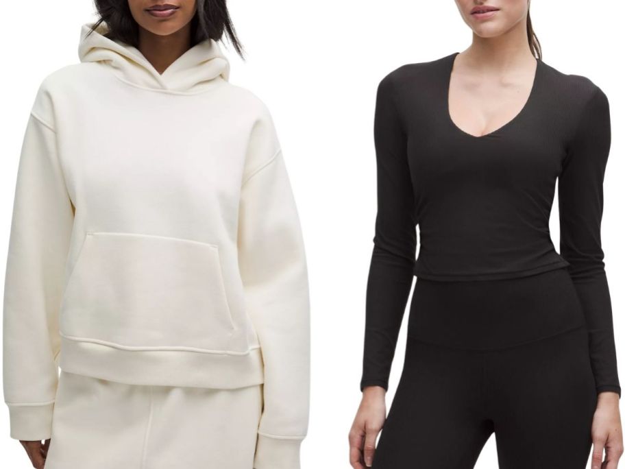 lululemon hoodie in beige and long sleeve in black