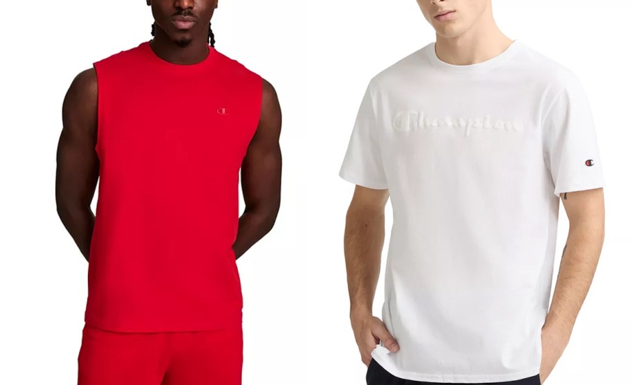 men wearing red tank and white tee 