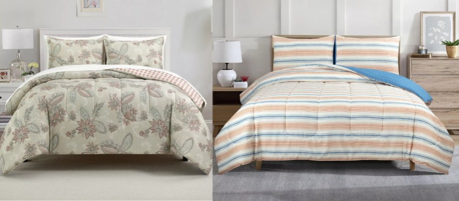 two beds with comforter sets on them