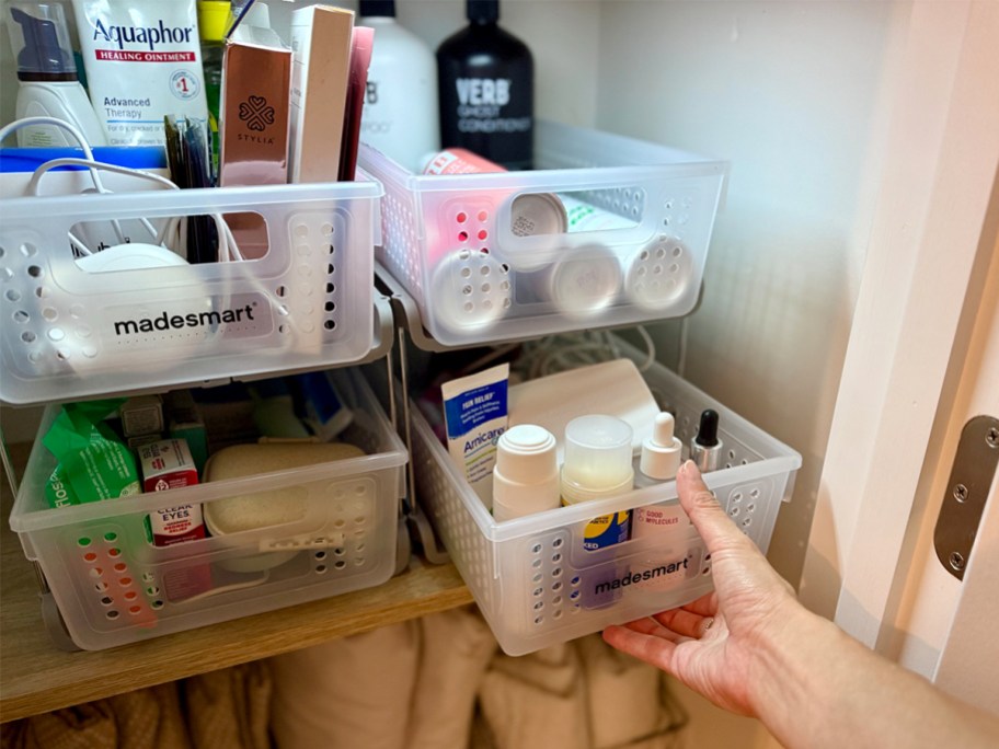 sliding drawers full of beauty products
