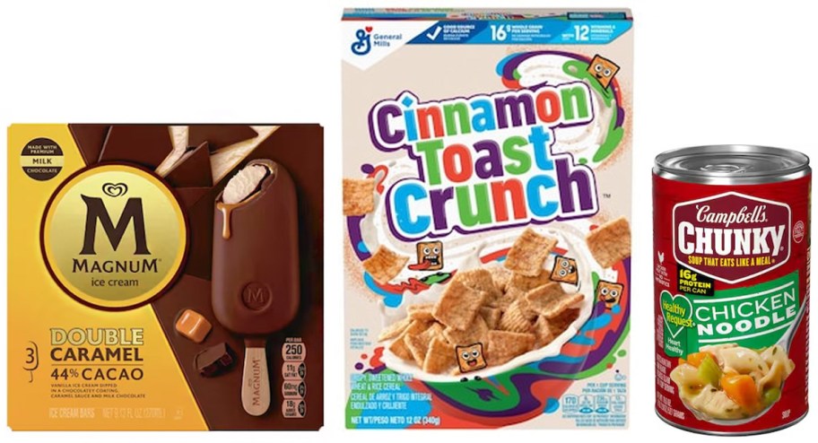 magnum ice cream bars, cinnamon toast crunch cereal, and campbells soup