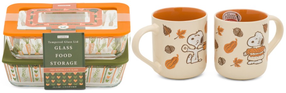 orange and green containers and snoopy mugs 