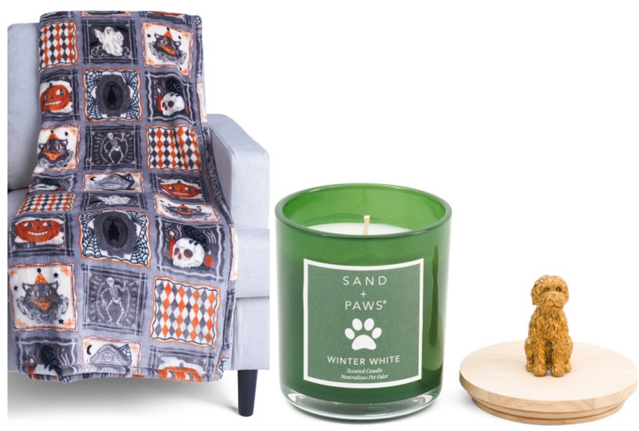 halloween blanket and green dog candle 