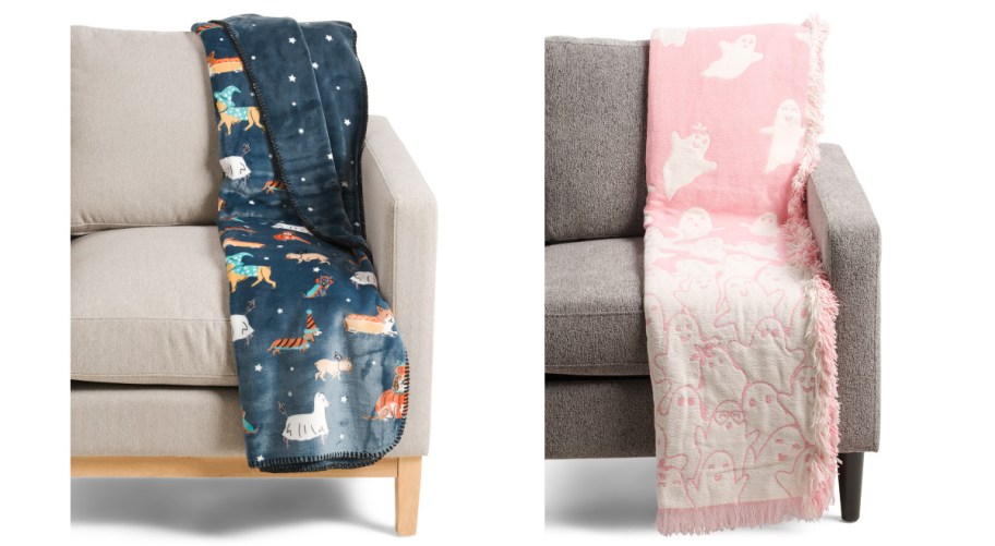 blue halloween dog and pink ghost blankets on couches 