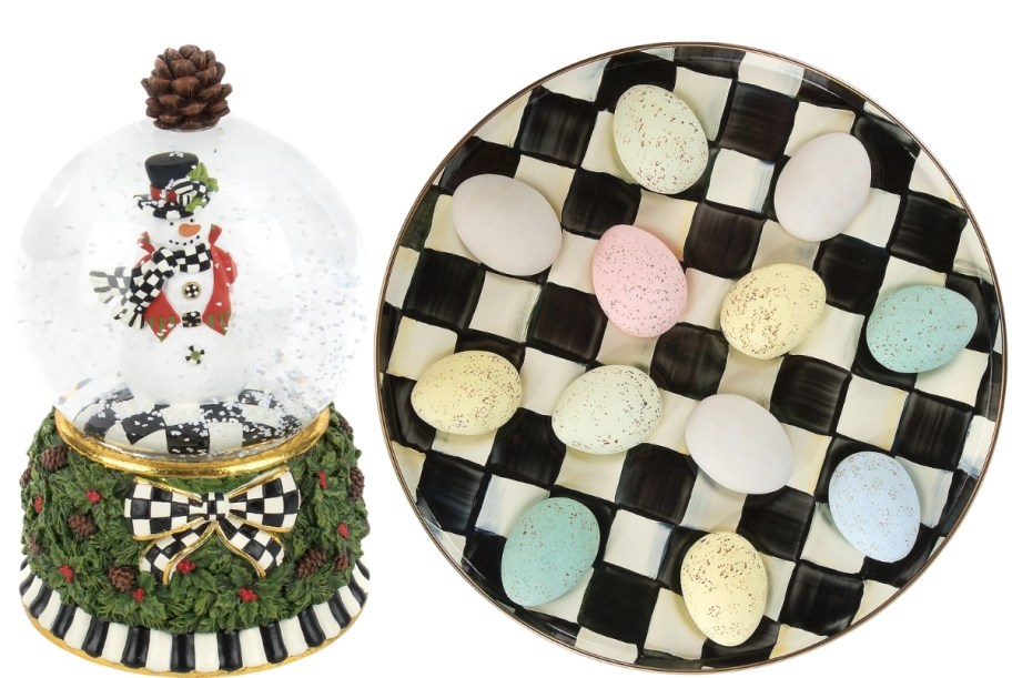 egg plate and snow globe