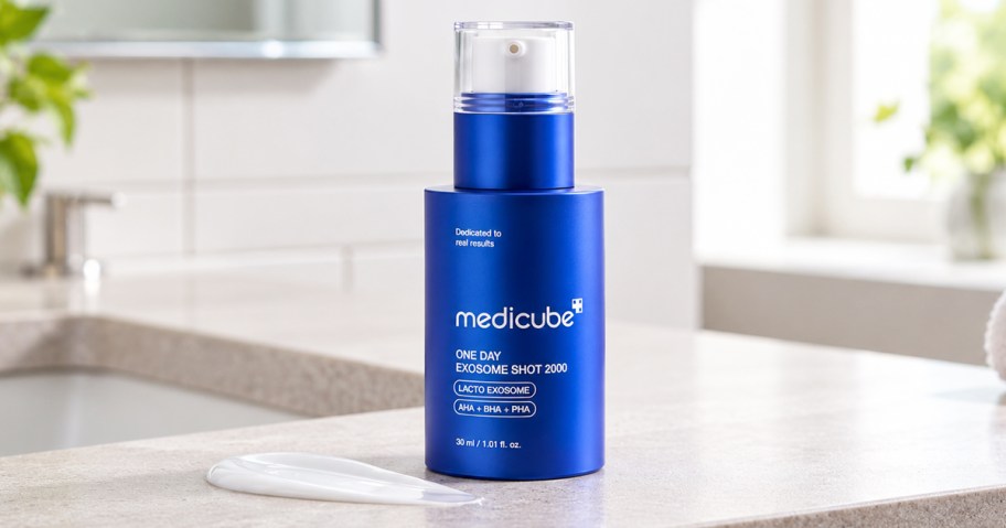 medicube Exosome Shot Serum on bathroom counter
