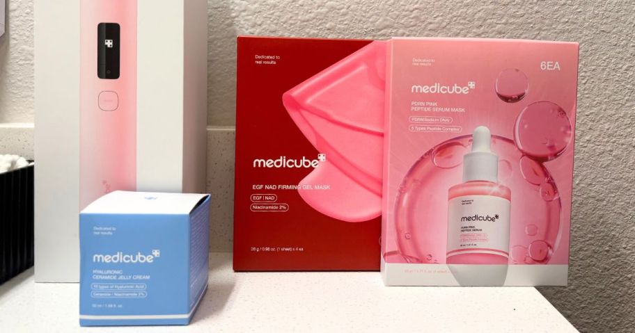 medicube products on bathroom counter