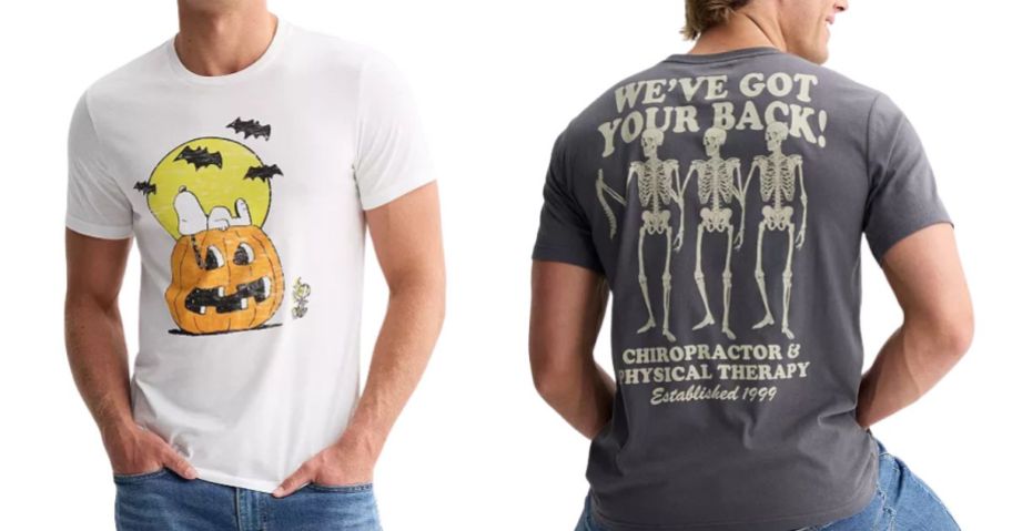 mens graphic peanuts and skeleton tees