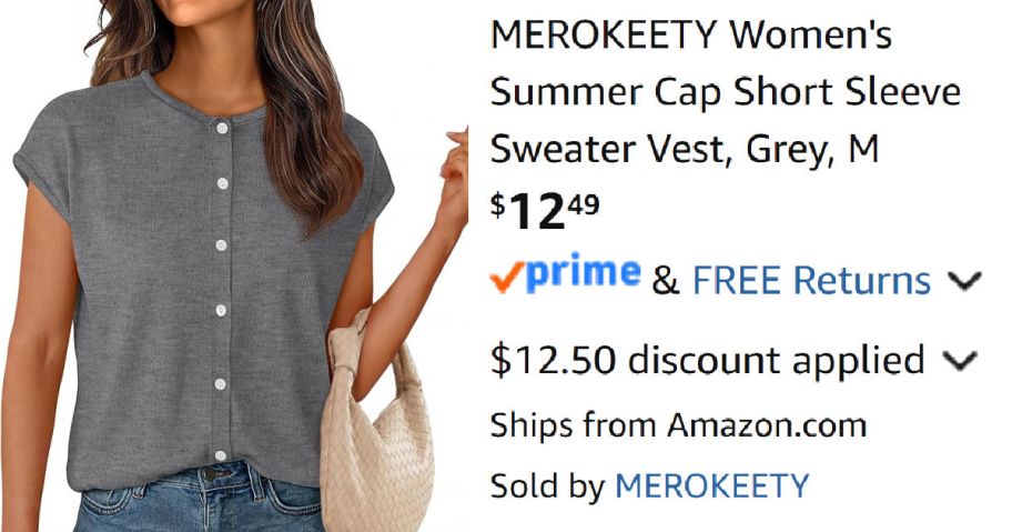 woman wearing gray sweater next to Amazon pricing information