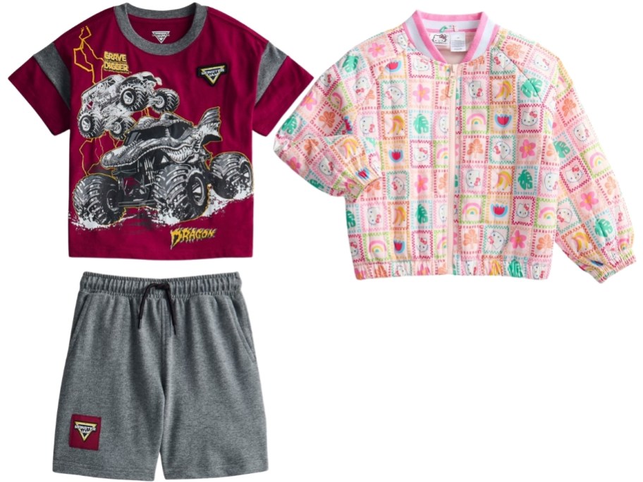 kid monster jams tee and shorts set and character bomber jacket