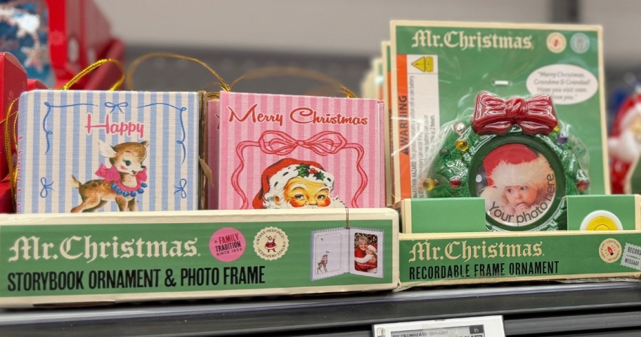 Mr. Christmas Storybook ornaments and voice recording Wreath Ornament on a store shelf