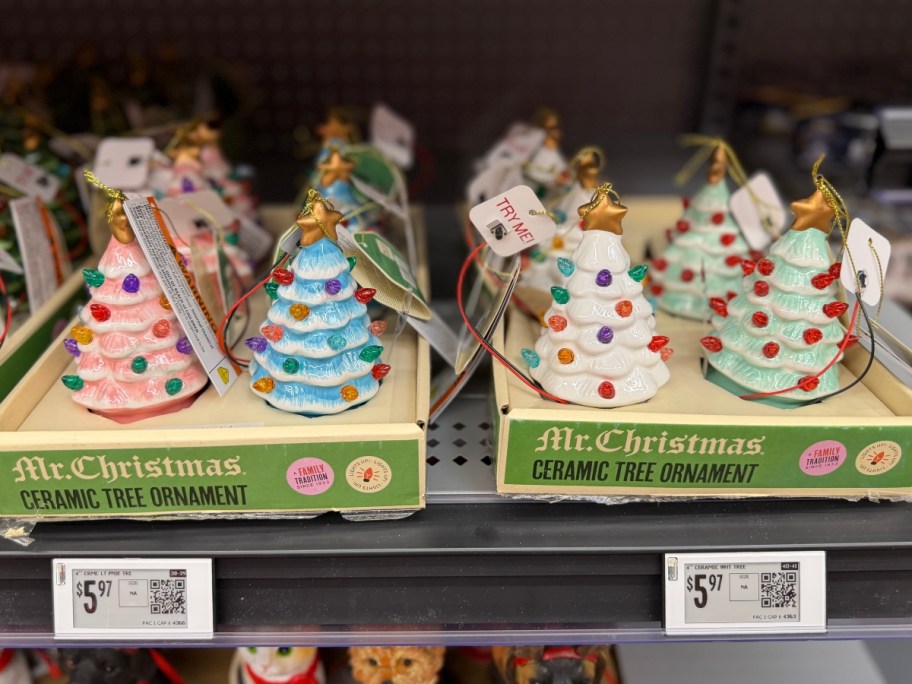 Christmas ornaments that look like lit ceramic Christmas trees