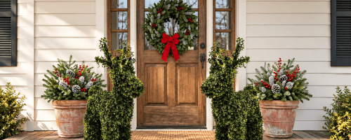 2 deer topiaries on a porch decorated for christmas