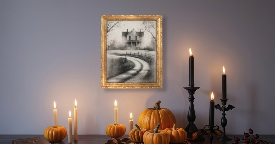 framed picture of haunted house on wall with candlesticks and pumpkins