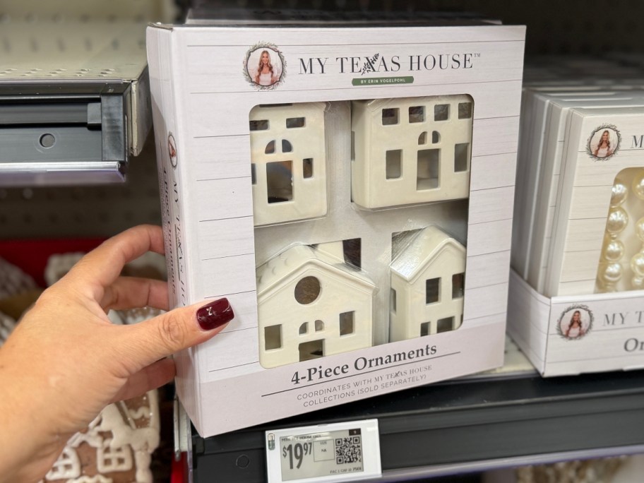 holding a box of house-shaped ornaments